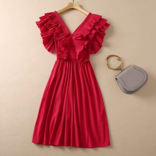 High Quality New Celebrity Party Womens Dress 2021 Summer Lady Sexy V-Neck Cascading Ruffle Flower Deco Slim Red White Dress