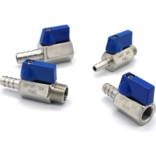 1/8" 1/4" 3/8" 1/2" BSP x 7/8/10/12mm Hose Barb Mini Sanitary Ball Valve Homebrew Beer SUS 304 Stainless Steel With Blue Hanlde