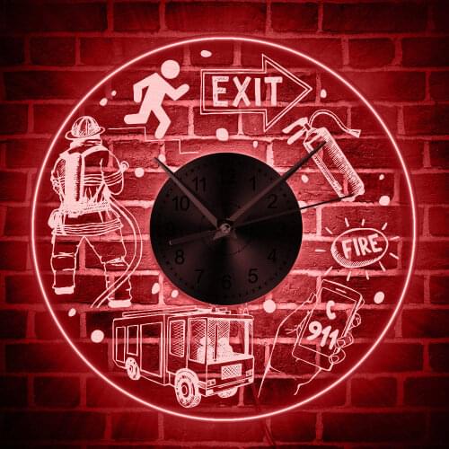 911 Firefighter Fire Rescue LED Hanging Wall Clock Public Safety Acrylic Luminous Wall Light Extinguisher Fire Dept. Decor Watch