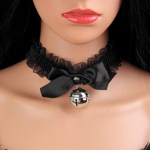 Bow Choker Slave Costume BDSM Bondage Necklace Neckband Sex Toys for Maiden Sexy PU Leather Bell Collar with Lace Adult Games