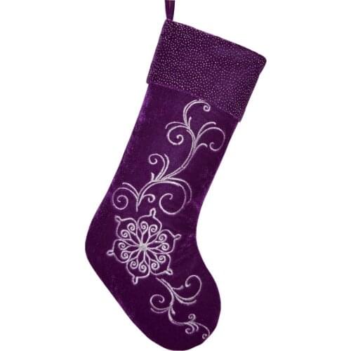 Free shipping Purple Velvet Embroidered socks with blingbling printed glitter Cuff Luxurious Fashionable Christmas stocking