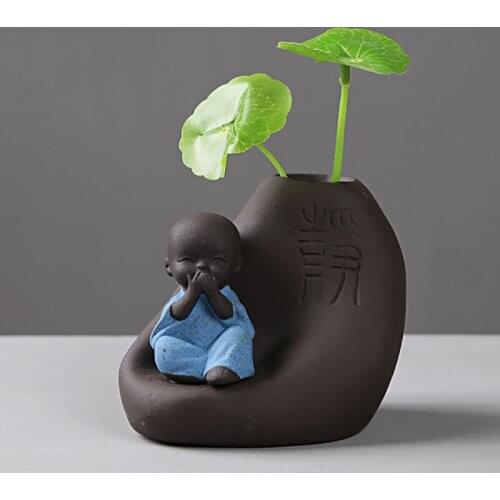 Buddhist cute little monk statue purple clay tea pet home decoration mini water floral vase