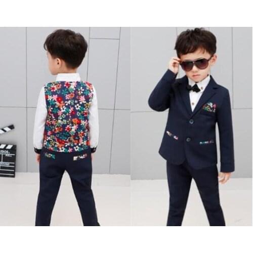 Formal High quality winter and autumn boys blazer Gentlemens flowers blue casual suit 4pcs jacket+Vest + shirt + pants