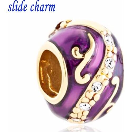 Slide charm Childrens birthday gift purple crystal egg white enamel charm beads fit Pandora charm bracelets
