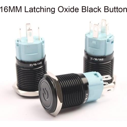 Latching 16MM flat head Metal push button switch power mark waterproof LED oxide black metal switch colorful