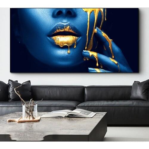 African Golden Sexy Woman Lips Canvas Painting Blue Face Posters and Prints Wall Art Picture for Living Room Home Decor Cuadros