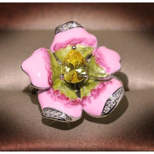 Fashion Red Enamel Big Ring Retro Jewelry Antique 925 Silver Bohemian Beach Party Crystal Flower Ring Female Flower Rings