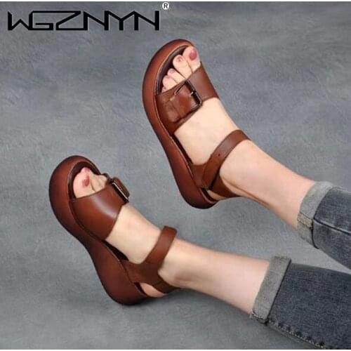 Summer Women Genuine PU Leather Sandals Vintage Wedge Shoes Woman Buckle Strap Thick Bottom Flats Platform Sandals Female Shoes