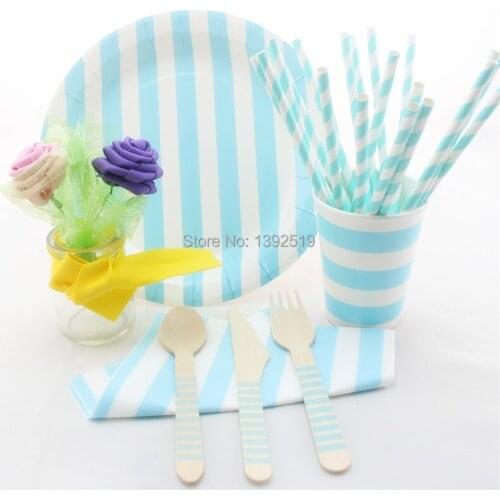 Best Price100 sets Party Tableware Set Lovely Baby Blue Chevron Polka Dot Striped Paper Straw Cup Plate Napkin Spoon Fork Knife