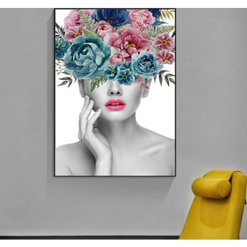 Fashion beautiful woman portrait and flower diamond painting mural rhinestone mosaic art picture living room home decoration