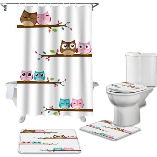 Bathroom Shower Curtain and Rug Sets Cartoon Owl Couple Standing On A Branch Toilet Lid Cover Bath Mat Shower Curtains Set