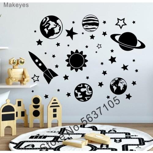 Makeyes Planet Space Wall Stickers Kids Room Wall Decals Baby Boy Art Decoration Vinyl Wall Decor Rocket Stars Wallpaper Q639