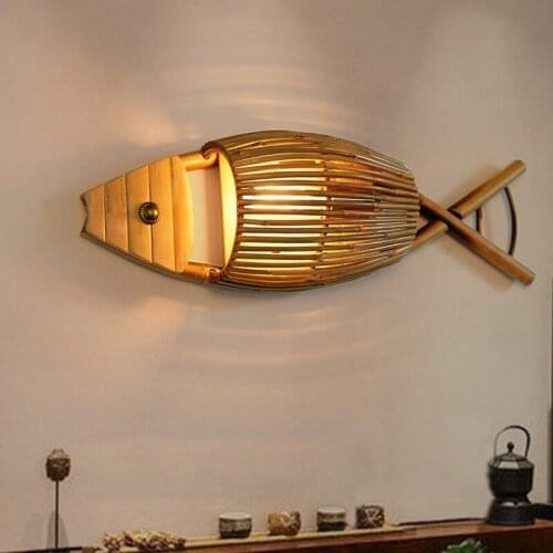 Southeast Asia Bamboo Fish Wall Lamp Vintage Chinese Style Retro Wall Lights for Home Decor Restaurant Bar Indoor Wall Sconces