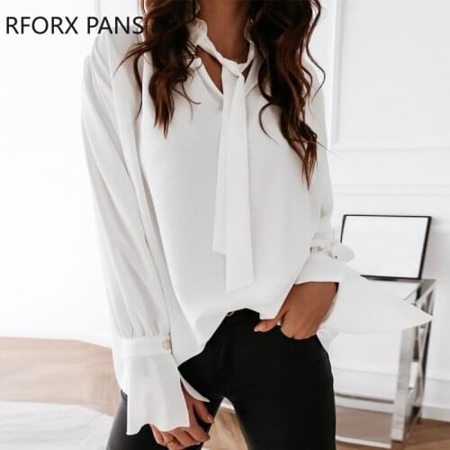 Solid Tied Neck Long Sleeve Shirt Womens Tops and Blouses