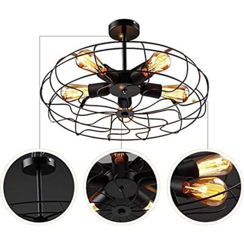 Industrial Vintage Style Creative Fan Ceiling Light Semi Flush Mount Metal Hanging Fixture Lighting for Bar Cafe Kitchen Room