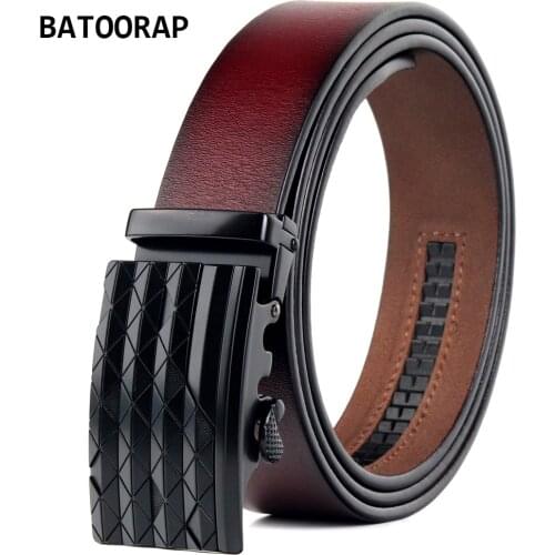 BATOORAP Mens Belt Genuine Leather Casual Vintage Trouser Strap Automatic Buckle Wine Red Male Jeans Ratchet Belts Luxury FG975