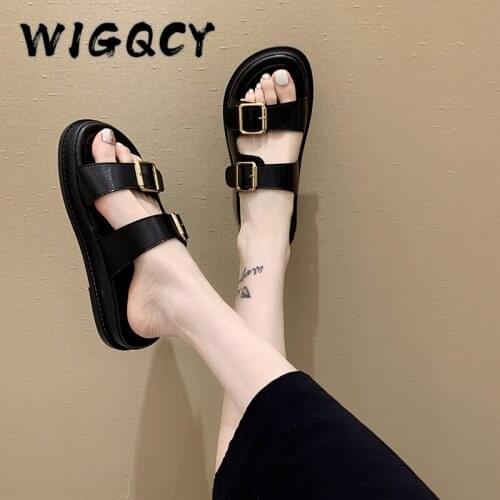 Roman Platform Slippers Female Summer Flat Bottom New Fashion Word with Soft Bottom Outer Wear Sandals Buckle Strap Decoration