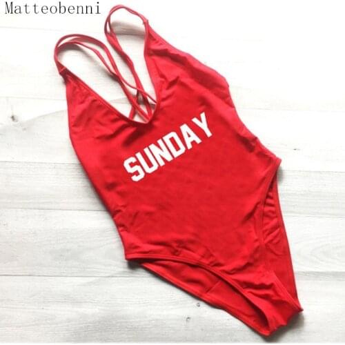Sunday Letter Print Sexy One Piece Swimsuit Women Fused Swimwear Bather Solid Black Thong Backless Monokini Beach Bathing Suit