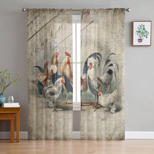 Farm Rooster Chicken Retro Illustration Sheer Curtains for Living Room Tulle for Windows Voile Yarn Short Bedroom Curtains