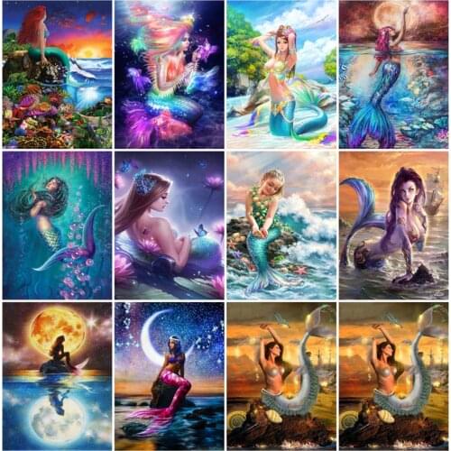 Yumeart 5D Diamond Painting by Number Mermaid Girl Sea Sunrise Landscape Needlework Art Craft Cross Stitch Rhinestone Girl Fairy