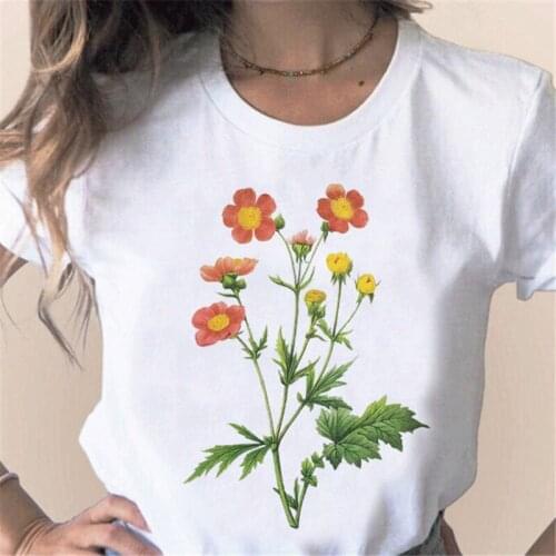 Vintage Korean Tee Elegant Casual Cartoon Plants Flowers Print Womens TopsSummer Fashion Loose Cotton Shirts Girls Clothing