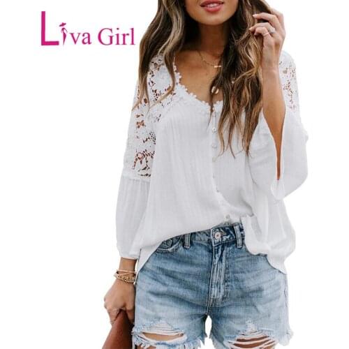 LIVA GIRL Woman Crochet Lace Blouse and Tops Solid Button Bell Sleeve Hollow Out Sexy V-neck Shirt Female Chic Casual Floral Top