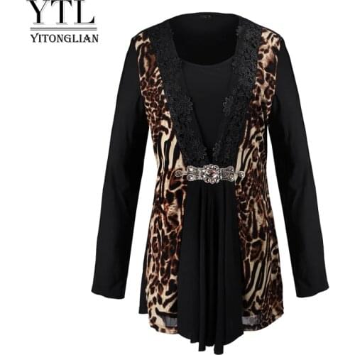 Womens Vintage Leopard Style Long Sleeve Rhinestone Decoration Plus Size Tee Ladies Elegant Blouse T-shirt W008