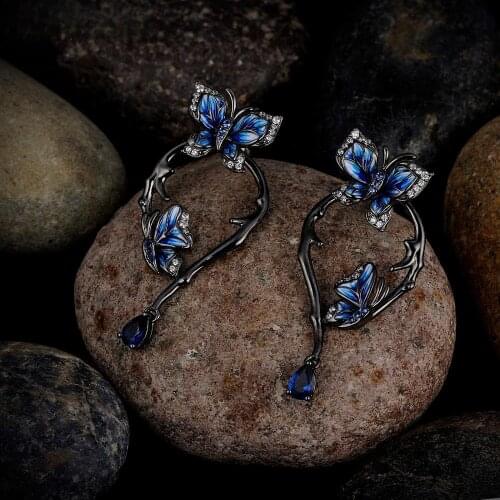 Creative Womens Vintage Black Gold Enamel Drops Earrings Lovely Butterfly Flower Zircon Pendant Dangle Earrings Brand Jewelry
