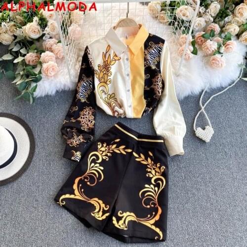 ALPHALMODA 2021 Autumn New Pattern Shirt+ Shorts 2pcs Vintage Suit Long-sleeved Shirt Printed Shorts Women 2pcs Clothes Suit