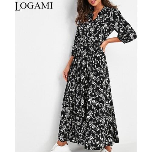 LOGAMI Long Dress Women Print Spring Summer A-line Dresses Womens Casual Dress