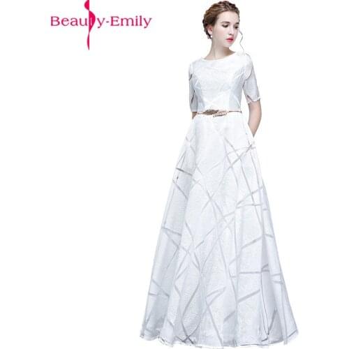 Beauty Emily Half Sleeve Lace Long Evening Dress with Sashes Sexy Simple White Evening Gown Robe De Soiree Longo