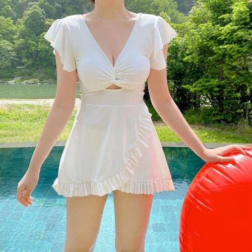 2021 New Sexy One Piece Swimsuit Women Solid Swimwear High Cut Monokini Skirt Swim Suit Bathing Suit Korea Style Swimskirt