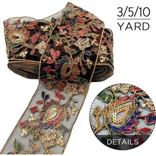 5yards Retro Boho Style Gold Sequins Lace Trims Webbing Embroideried Ribbons Fabric For Garment Dress Bag Diy Sewing Accessory