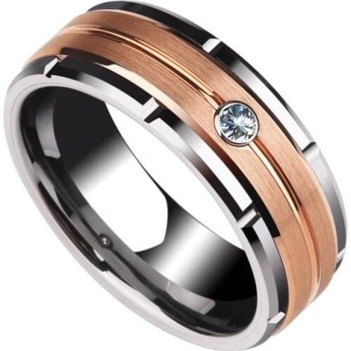8mm rose gold brushed zircon stainless steel mens ring new fashion mens charm accessories wedding ring