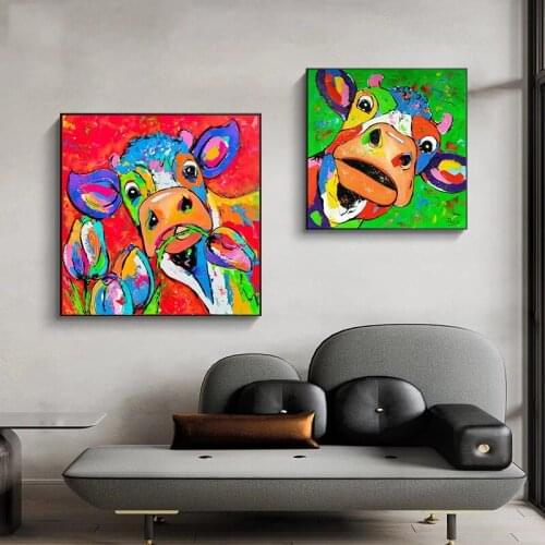 Abstact Colorful Cow Cat Pig Canvas Paintings on Funny Animals Poster Prints Wall Decoration Picture for Kids Bedroom Home
