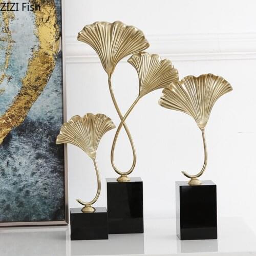 American Minimalist Desk Decor Golden Copper Ginkgo Biloba Black Crystal Base Abstract Crafts Ornaments Rustic Home Decoration