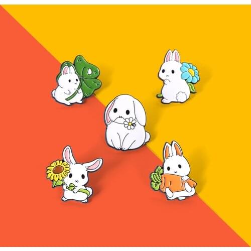 Kawaii Little White Rabbit Enamel Pins Custom Cute Docile Animals Brooch Lapel Badge Bag Cartoon Jewelry Gifts For Kids Friends