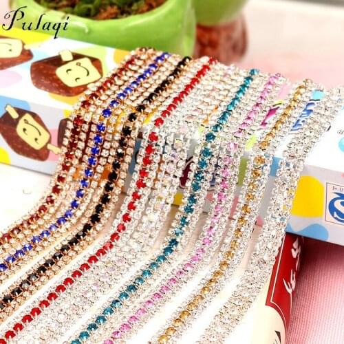 Pulaqi 3 Rows 1 yard Gold Bottom Rhinestones Cup Chain Fine Colorful Crystal Silver Base Sewing Style Diy Clothing Accessories D