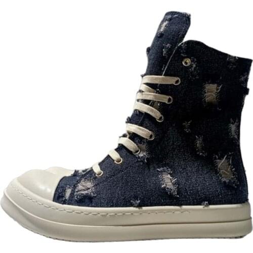 Black& Street NEW Retro Handmade Worn out trainer denim unisex canvas Boots personalized trainer flats shoes