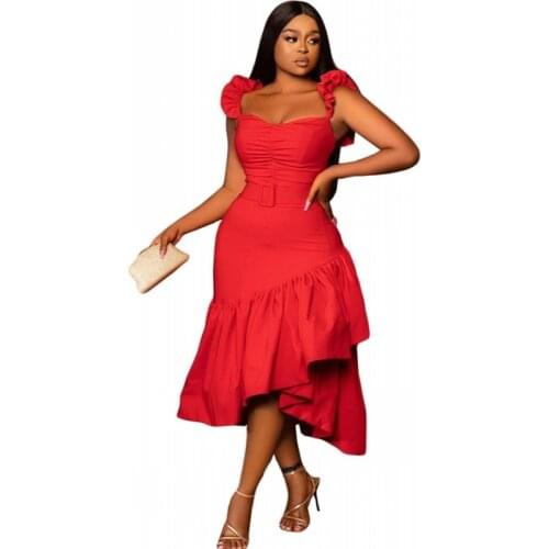 Long African Dresses For Women Ruched Spaghetti Strap Slim Robes Summer Fashion Irregular Ruffle Splice African Party Dress Gown