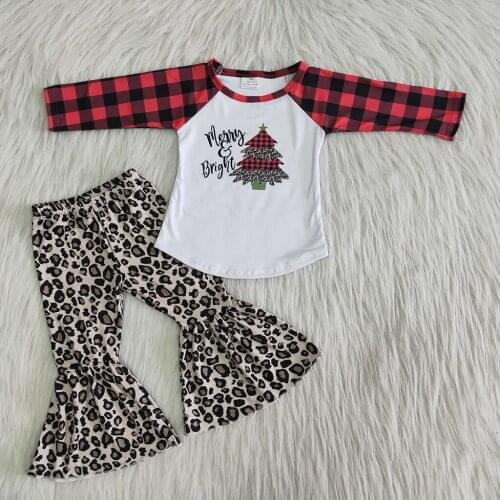 Baby Clothing Sets Autumn Infant Girls Christmas Tree Bufflo Plaid Tops +Leopard Bell Pants 2pcs Outfits Kids Clothes Sets