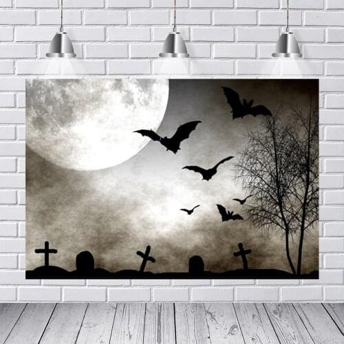 Laeacco Halloween Backdrop Black White Tombstone Bat Moon Baby Birthday Party Photography Background For Photo Studio