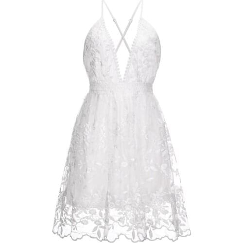Summer Sexy Mesh Lace Dress V-Neck Open Back Sexy White Casual Female Nightclub Mini Skirt