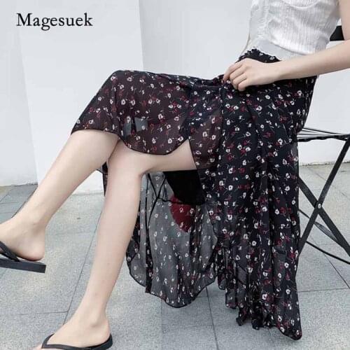 Summer Chiffon Skirt Women Lace-up Lotus Leaf Beach Chiffon Skirts Irregular Skirt Fishtail Floral Midi Skirts Jupe Femme 10232