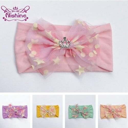 Nishine Fashion Print Net Yarn Bowknot Elastic Hairband Infant Shining Crown Bows Nylon Headband Baby Headwear Birthday Gifts