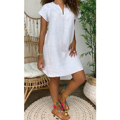 New Women Short Sleeve Dress Solid V Neck Summer Beach Cotton Linen Casual Kaftan Maxi Loose Tops Dresses Plus Size S-XL