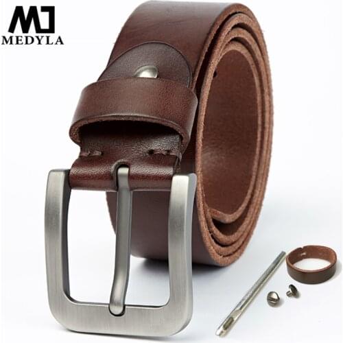 MEDYLA Official Product Men Leather Belt Hard Brushed Steel Buckle Soft Original Leather Mens Genuine Leather Belt Accessories