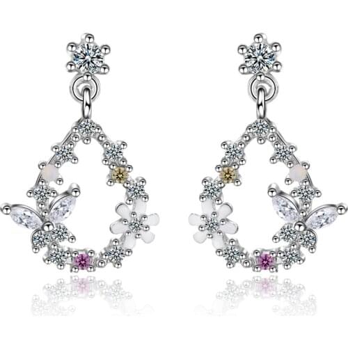 Luxury Best Seller Water Drop Circle Shape With Silver Crystal Shinny Butterfly Bow-knot Flower Women Earring Drops Wedding Gift