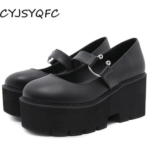 CYJSYQFC Spring Autumn Chunky Heel Vintage Lolita Shoes Women Platform Pumps Round Toe Buckle Strap Mary Jane Student Girl Shoes
