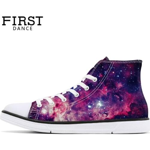 FIRST DANCE Flats Stars Printed High Canvas Shoes Women Purple Classic Womens Vulcanize Shoes Casual Female Shoes Fashion